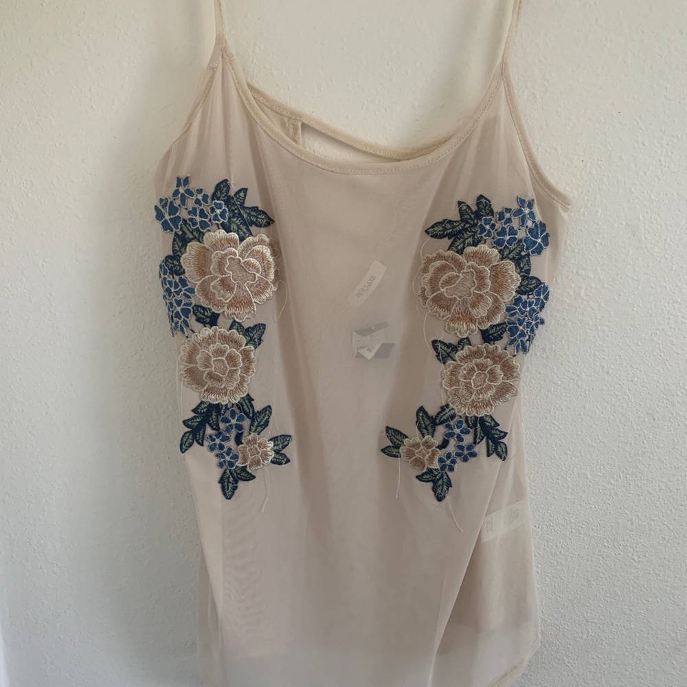 Sheer tank top with floral embroidery